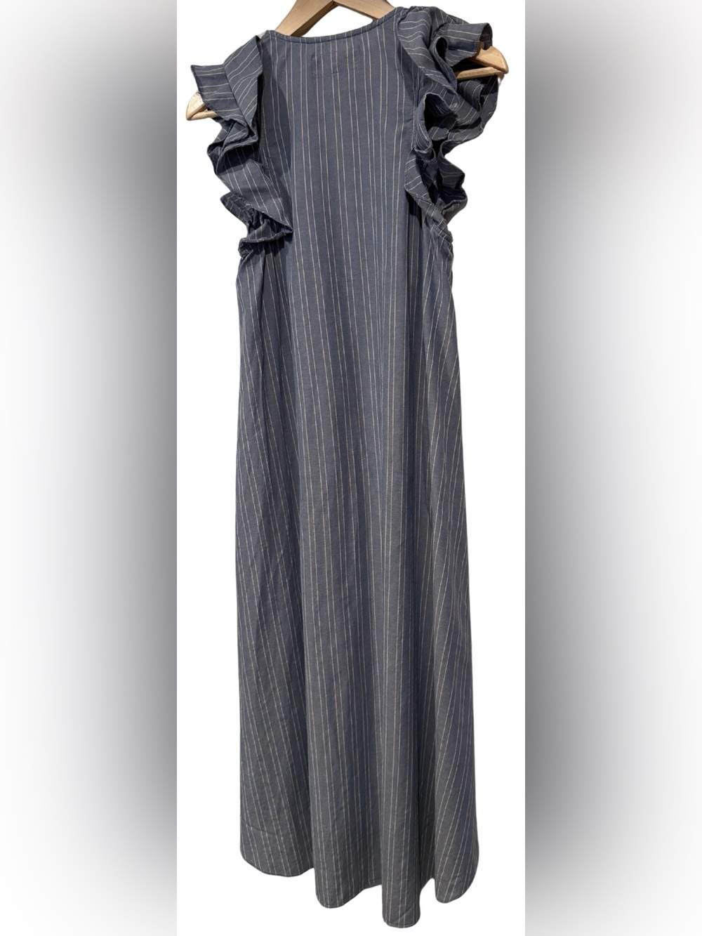 The Great. 100% Cotton Petal Stripe Chambray Dress 0 Flutter Sleeve Coastal Prep - Picture 6 of 9